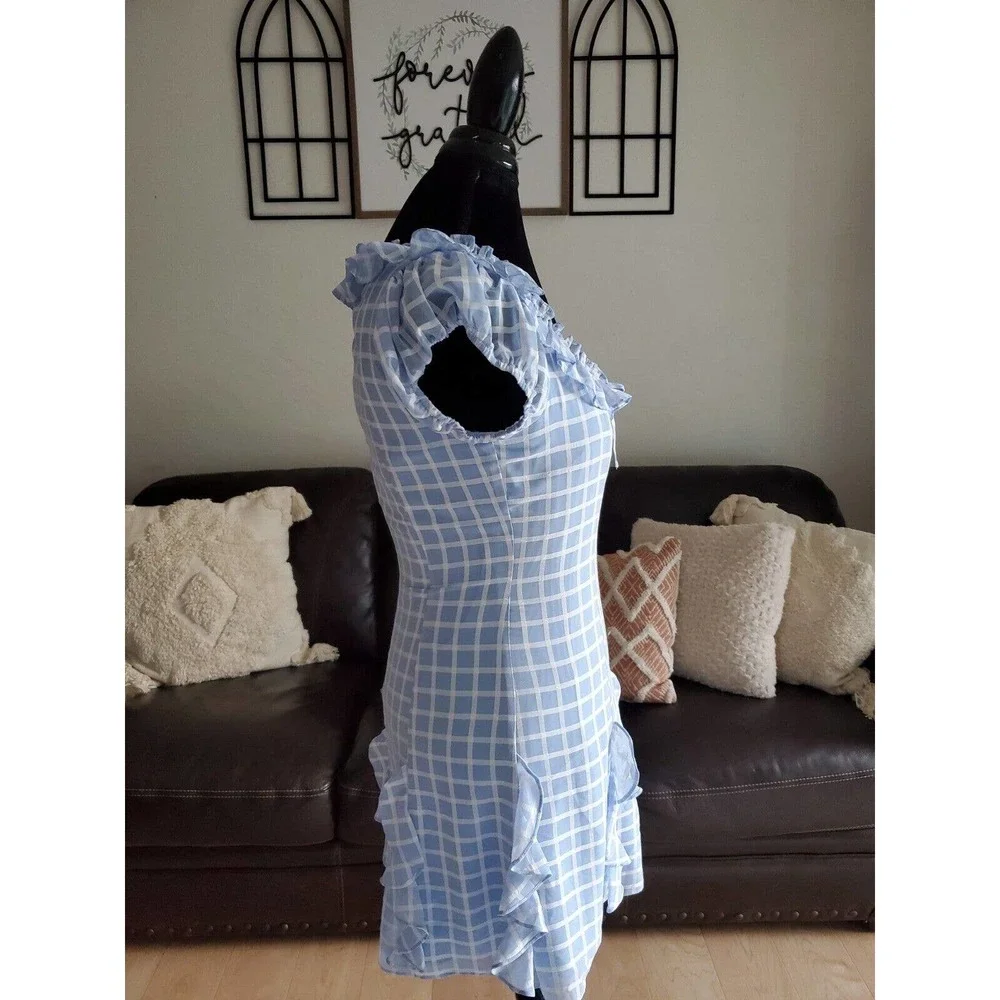 Likely Lula Ruffle Dress In Blue Plaid Women's Size 6 Boho Chic
